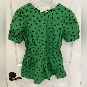 Who What Wear Green Black Polka Dot Peplum Puff Sleeve Top Women’s Size XS